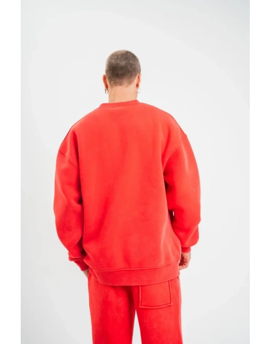 Unisex Uzun Kol Bisiklet Yaka Yıkamalı weathirt  Kırmızı