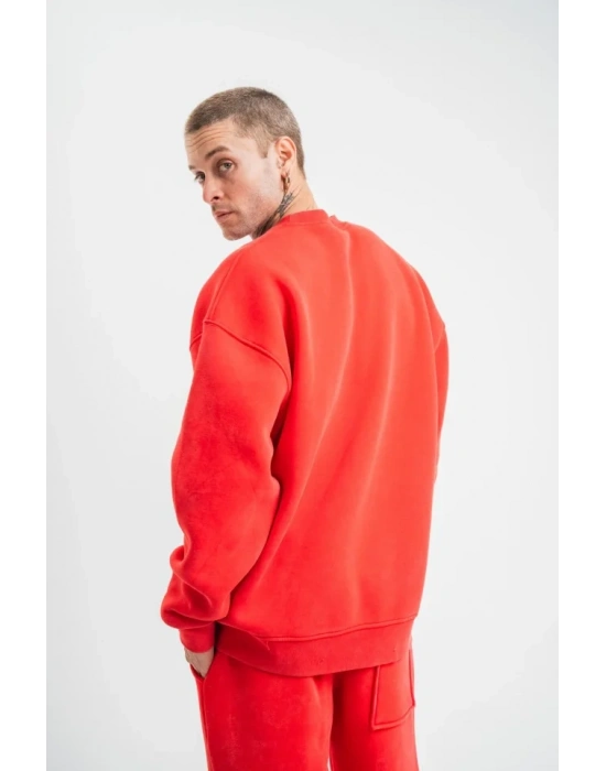 Unisex Uzun Kol Bisiklet Yaka Yıkamalı weathirt  Kırmızı