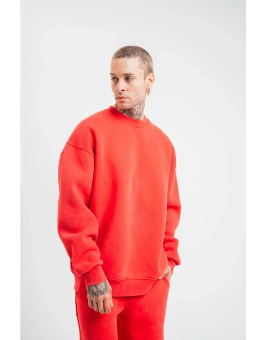 Unisex Uzun Kol Bisiklet Yaka Yıkamalı weathirt  Kırmızı