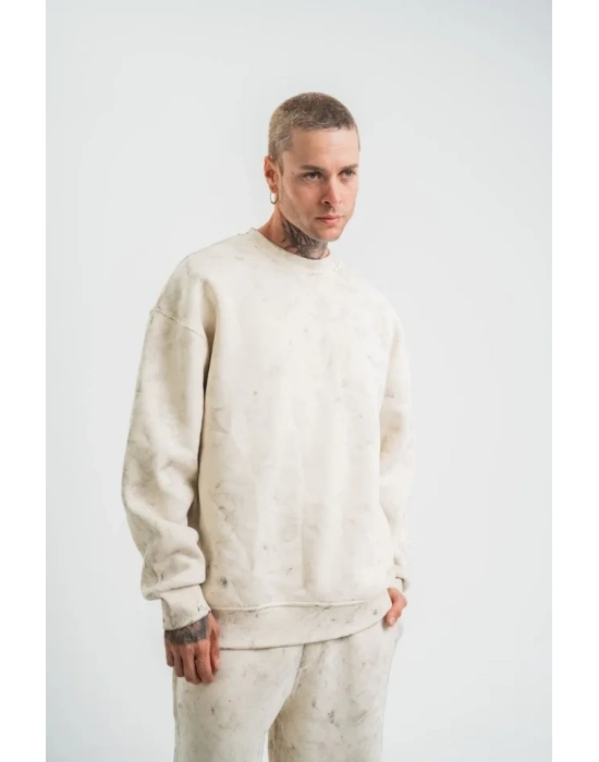 Unisex Uzun Kol Bisiklet Yaka Yıkamalı weathirt  Krem