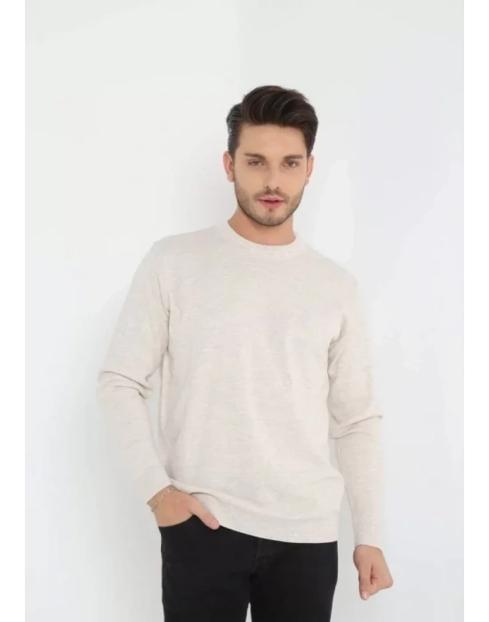 Unisex Uzun Kol Biskilet Yaka Dokuma Triko  Bej