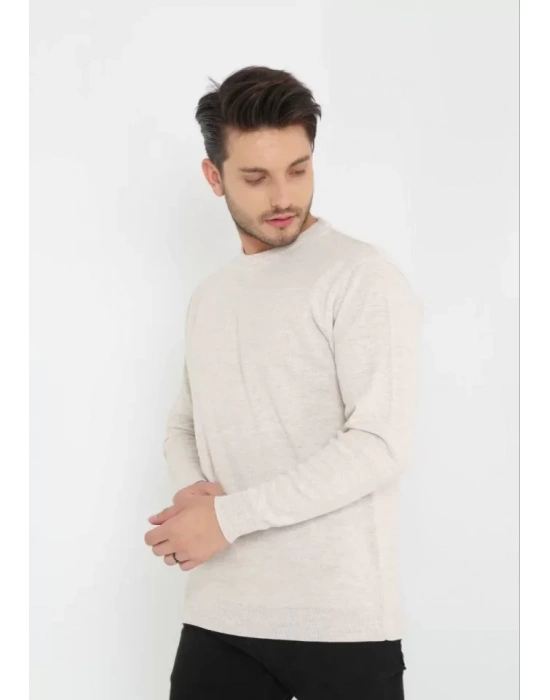 Unisex Uzun Kol Biskilet Yaka Dokuma Triko  Bej