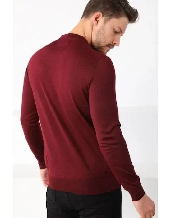 Unisex Uzun Kol Biskilet Yaka Dokuma Triko  Bordo