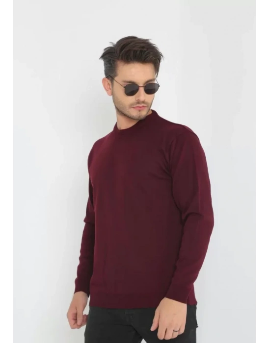 Unisex Uzun Kol Biskilet Yaka Dokuma Triko  Bordo