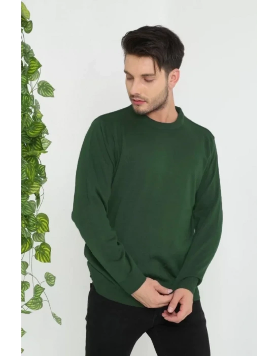 Unisex Uzun Kol Biskilet Yaka Dokuma Triko  Haki