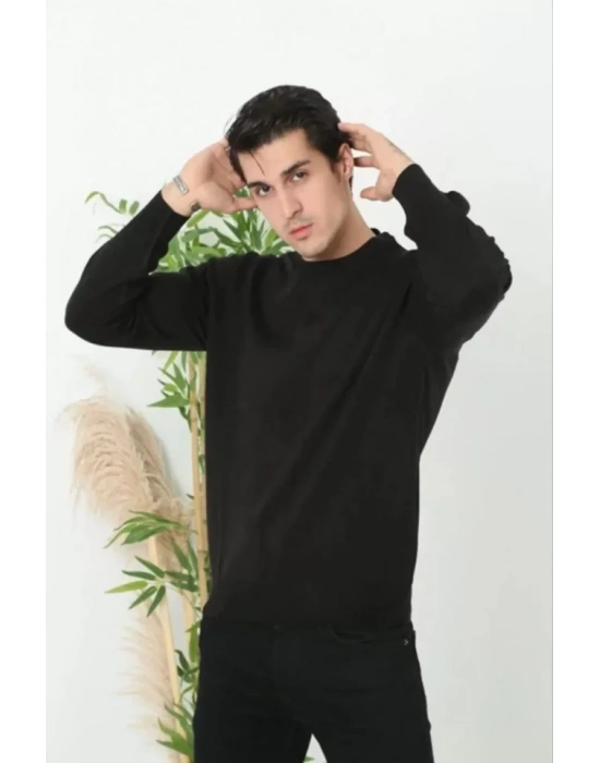 Unisex Uzun Kol Biskilet Yaka Dokuma Triko  Siyah