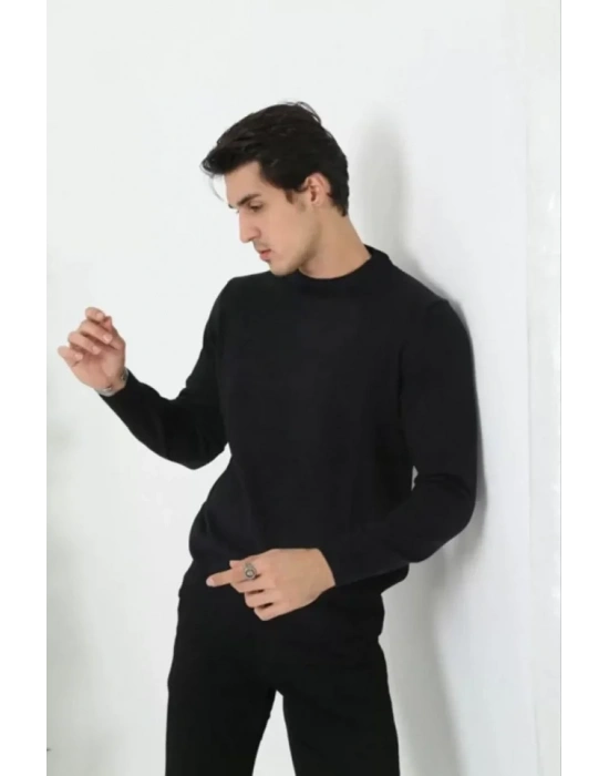 Unisex Uzun Kol Biskilet Yaka Dokuma Triko  Siyah