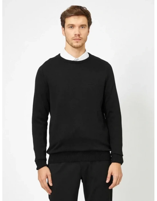 Unisex Uzun Kol Biskilet Yaka Dokuma Triko  Siyah