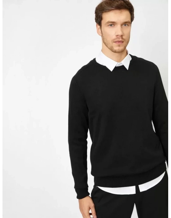 Unisex Uzun Kol Biskilet Yaka Dokuma Triko  Siyah