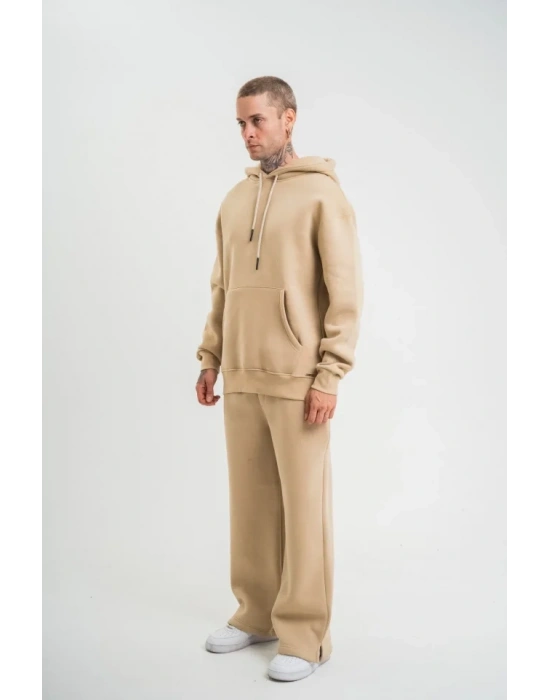 Unisex Uzun Kol Kapşonlu Eşofman Takım  Bej