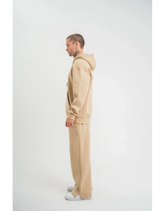 Unisex Uzun Kol Kapşonlu Eşofman Takım  Bej
