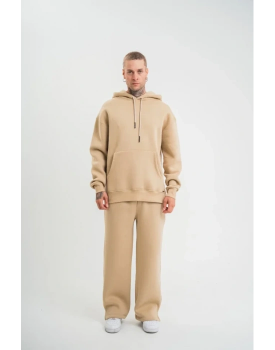 Unisex Uzun Kol Kapşonlu Eşofman Takım  Bej