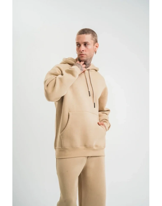 Unisex Uzun Kol Kapşonlu Eşofman Takım  Bej
