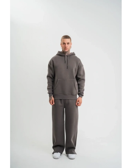 Unisex Uzun Kol Kapşonlu Eşofman Takım  Füme
