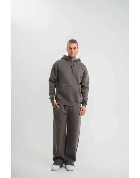 Unisex Uzun Kol Kapşonlu Eşofman Takım  Füme