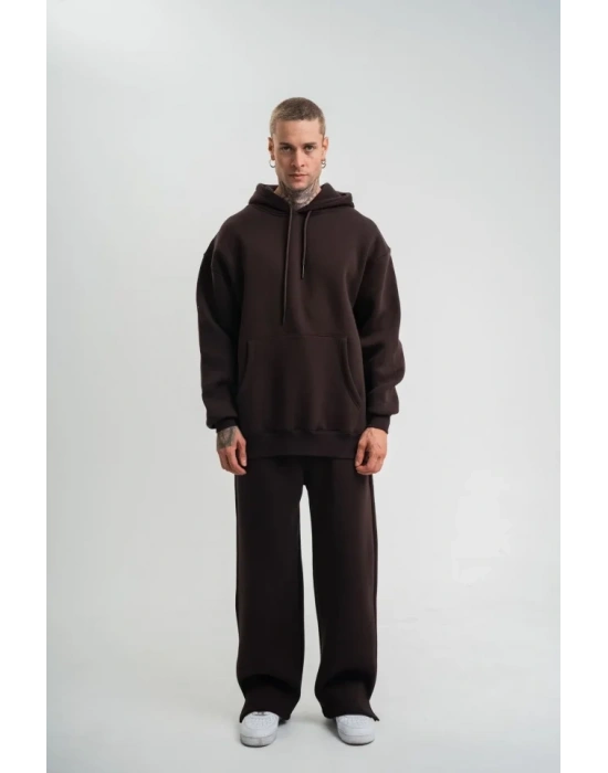 Unisex Uzun Kol Kapşonlu Eşofman Takım  Kahve