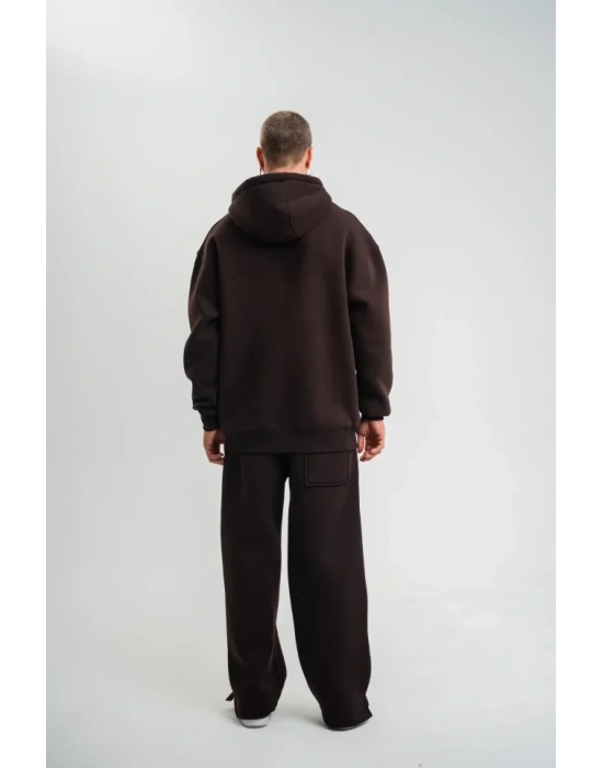 Unisex Uzun Kol Kapşonlu Eşofman Takım  Kahve