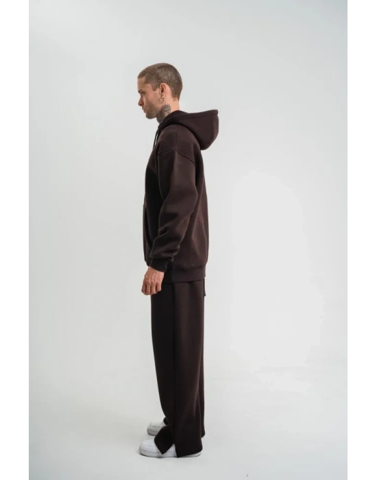 Unisex Uzun Kol Kapşonlu Eşofman Takım  Kahve