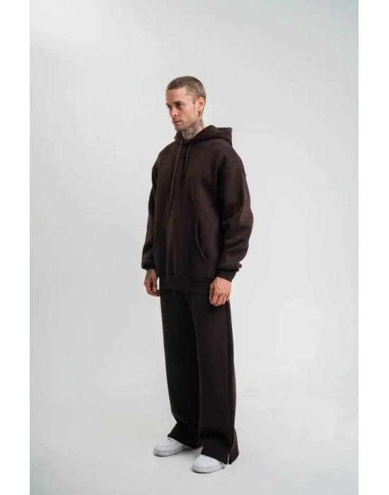 Unisex Uzun Kol Kapşonlu Eşofman Takım  Kahve