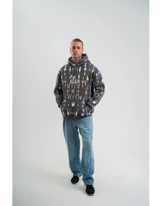 Unisex Uzun Kol Kapşonlu Pano Baskılı weathirt  Füme