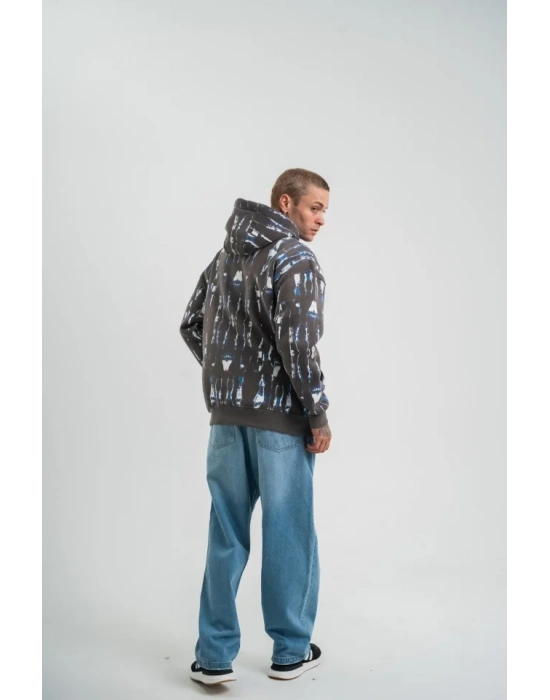 Unisex Uzun Kol Kapşonlu Pano Baskılı weathirt  Füme