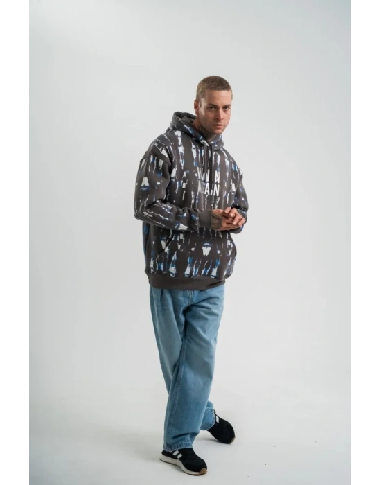 Unisex Uzun Kol Kapşonlu Pano Baskılı weathirt  Füme