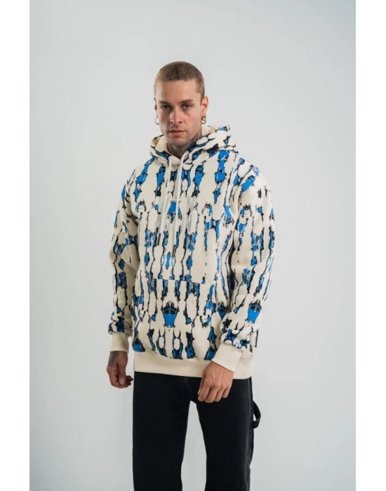 Unisex Uzun Kol Kapşonlu Pano Baskılı weathirt  Krem