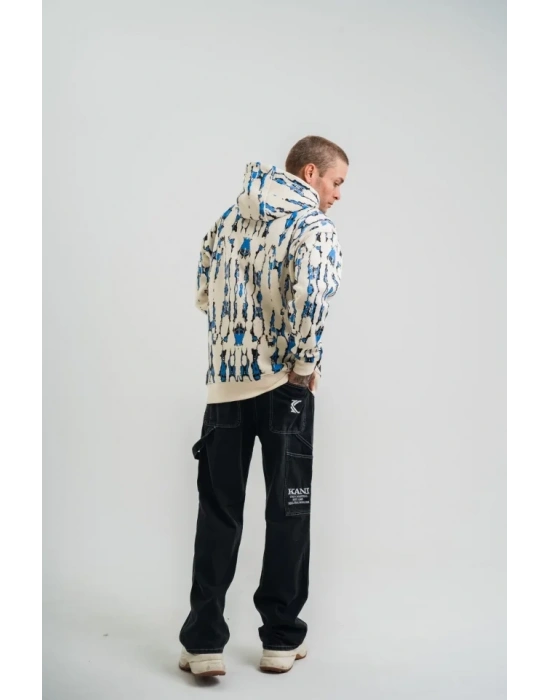 Unisex Uzun Kol Kapşonlu Pano Baskılı weathirt  Krem
