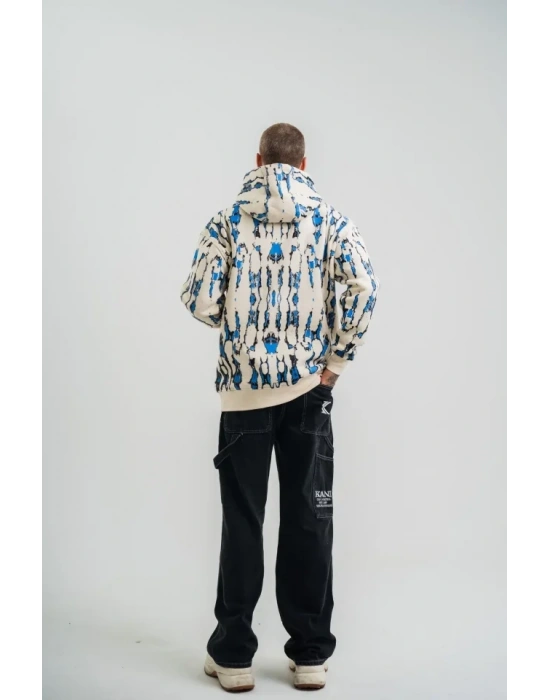 Unisex Uzun Kol Kapşonlu Pano Baskılı weathirt  Krem