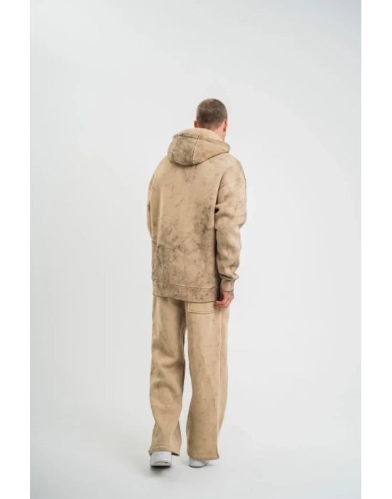 Unisex Uzun Kol Kapşonlu Yıkamalı Eşofman Takım  Bej