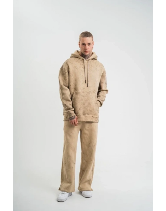 Unisex Uzun Kol Kapşonlu Yıkamalı Eşofman Takım  Bej