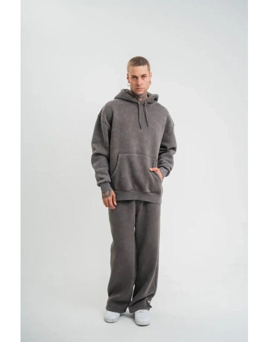 Unisex Uzun Kol Kapşonlu Yıkamalı Eşofman Takım  Füme