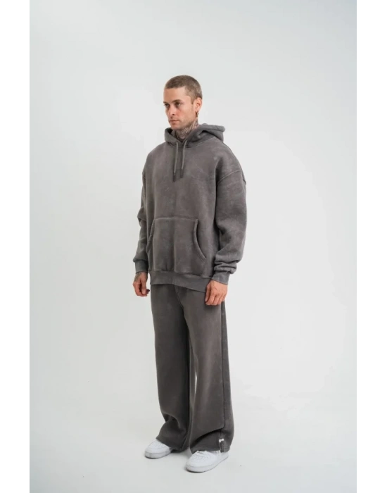 Unisex Uzun Kol Kapşonlu Yıkamalı Eşofman Takım  Füme