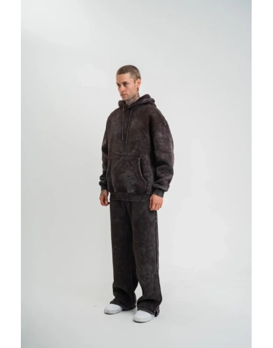 Unisex Uzun Kol Kapşonlu Yıkamalı Eşofman Takım  Kahve