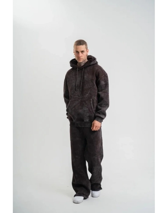 Unisex Uzun Kol Kapşonlu Yıkamalı Eşofman Takım  Kahve