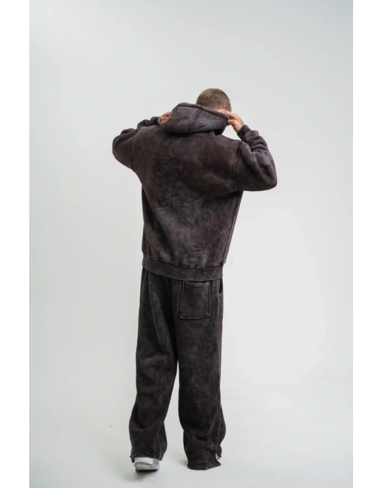 Unisex Uzun Kol Kapşonlu Yıkamalı Eşofman Takım  Kahve