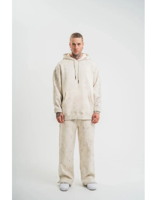 Unisex Uzun Kol Kapşonlu Yıkamalı Eşofman Takım  Krem
