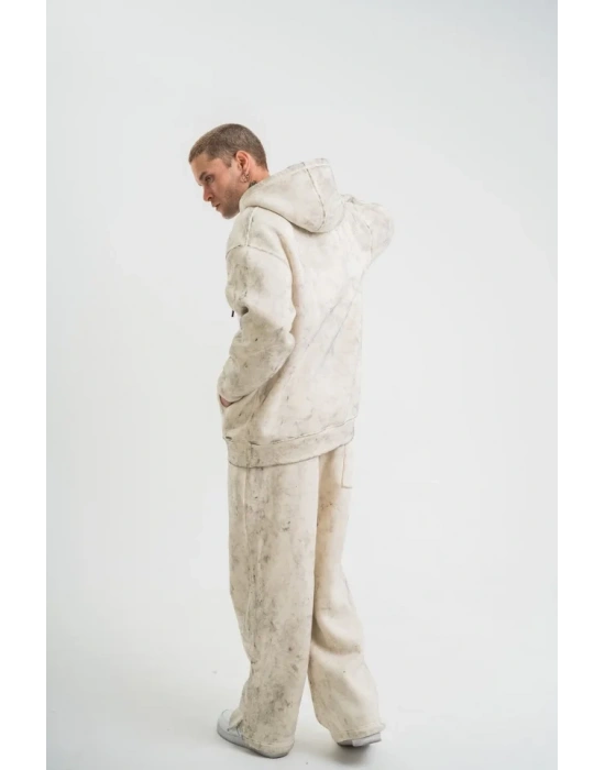 Unisex Uzun Kol Kapşonlu Yıkamalı Eşofman Takım  Krem