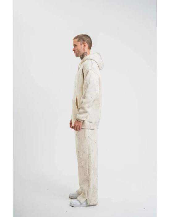 Unisex Uzun Kol Kapşonlu Yıkamalı Eşofman Takım  Krem