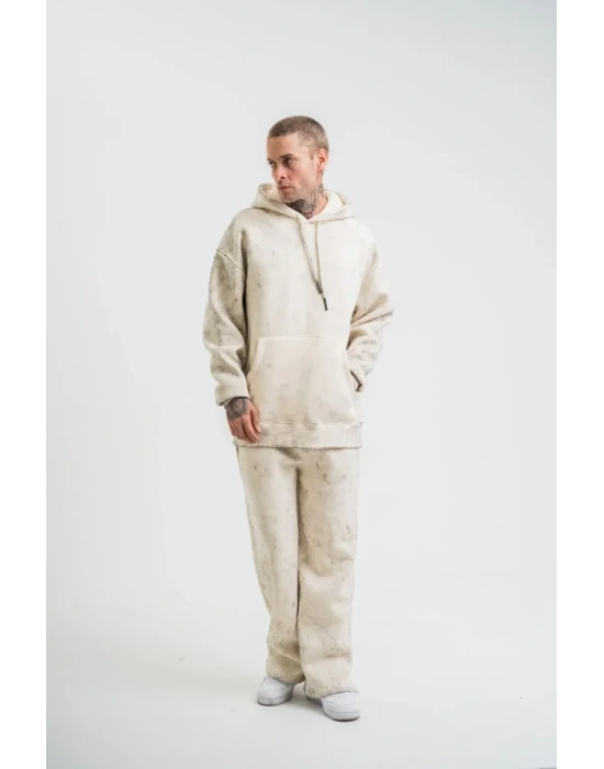 Unisex Uzun Kol Kapşonlu Yıkamalı Eşofman Takım  Krem