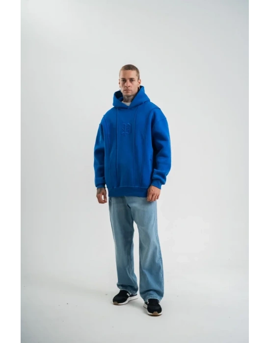 Unisex Uzun Kol Kapşonlu Yıkamalı Nakışlı weathirt  avi