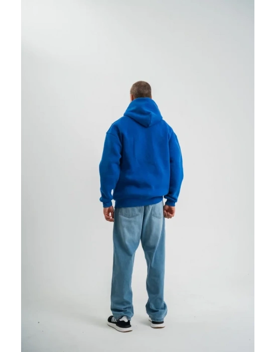 Unisex Uzun Kol Kapşonlu Yıkamalı Nakışlı weathirt  avi