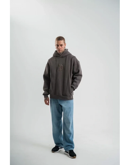 Unisex Uzun Kol Kapşonlu Yıkamalı Nakışlı weathirt  Füme