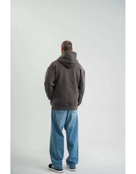 Unisex Uzun Kol Kapşonlu Yıkamalı Nakışlı weathirt  Füme