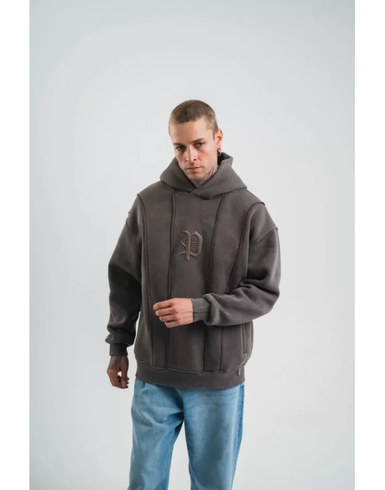 Unisex Uzun Kol Kapşonlu Yıkamalı Nakışlı weathirt  Füme