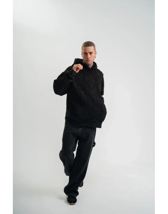 Unisex Uzun Kol Kapşonlu Yıkamalı Nakışlı weathirt  iyah