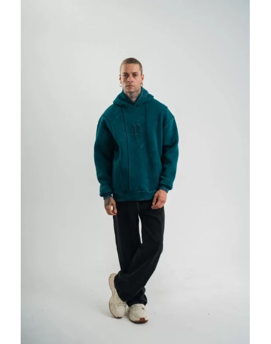 Unisex Uzun Kol Kapşonlu Yıkamalı Nakışlı weathirt  Koyu Deniz Yeşili