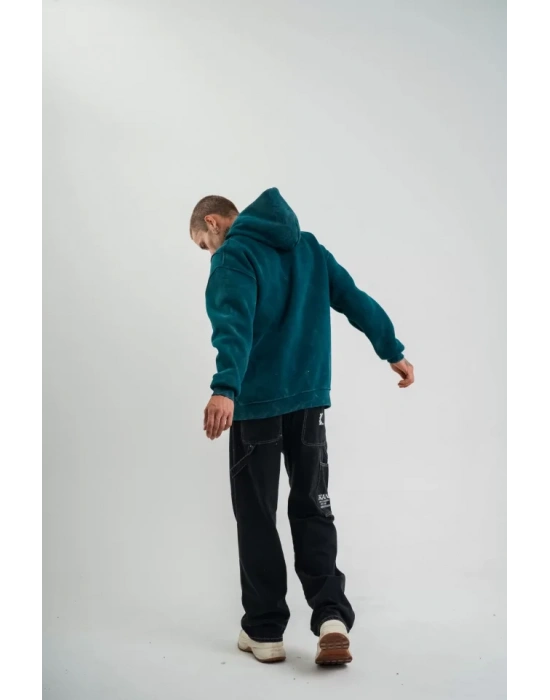 Unisex Uzun Kol Kapşonlu Yıkamalı Nakışlı weathirt  Koyu Deniz Yeşili