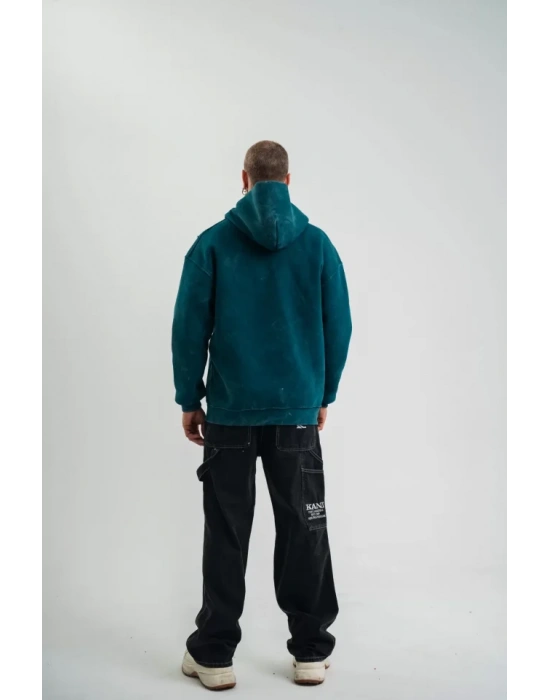 Unisex Uzun Kol Kapşonlu Yıkamalı Nakışlı weathirt  Koyu Deniz Yeşili