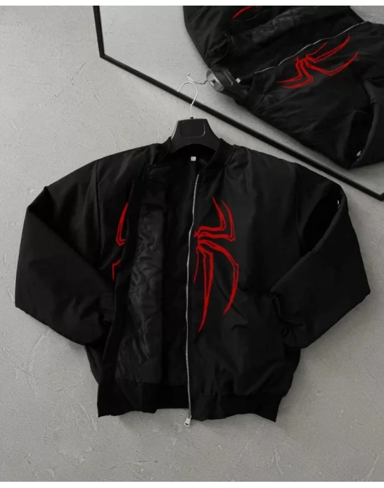 Unisex Uzun Kol Örümcek Baskılı Bomber Ceket  iyah